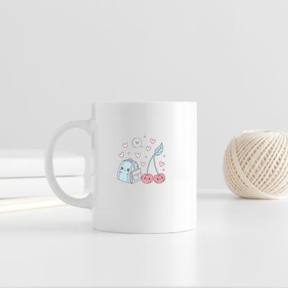 Mug décoré de cerises souriantes pastel pour la rentrée scolaire