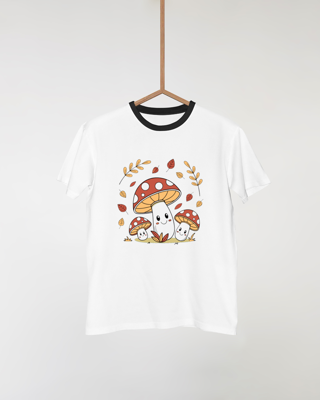T-shirt avec champignons souriants aux tons pastel et ambiance automnale