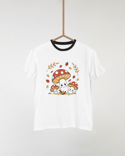 T-shirt avec champignons souriants aux tons pastel et ambiance automnale