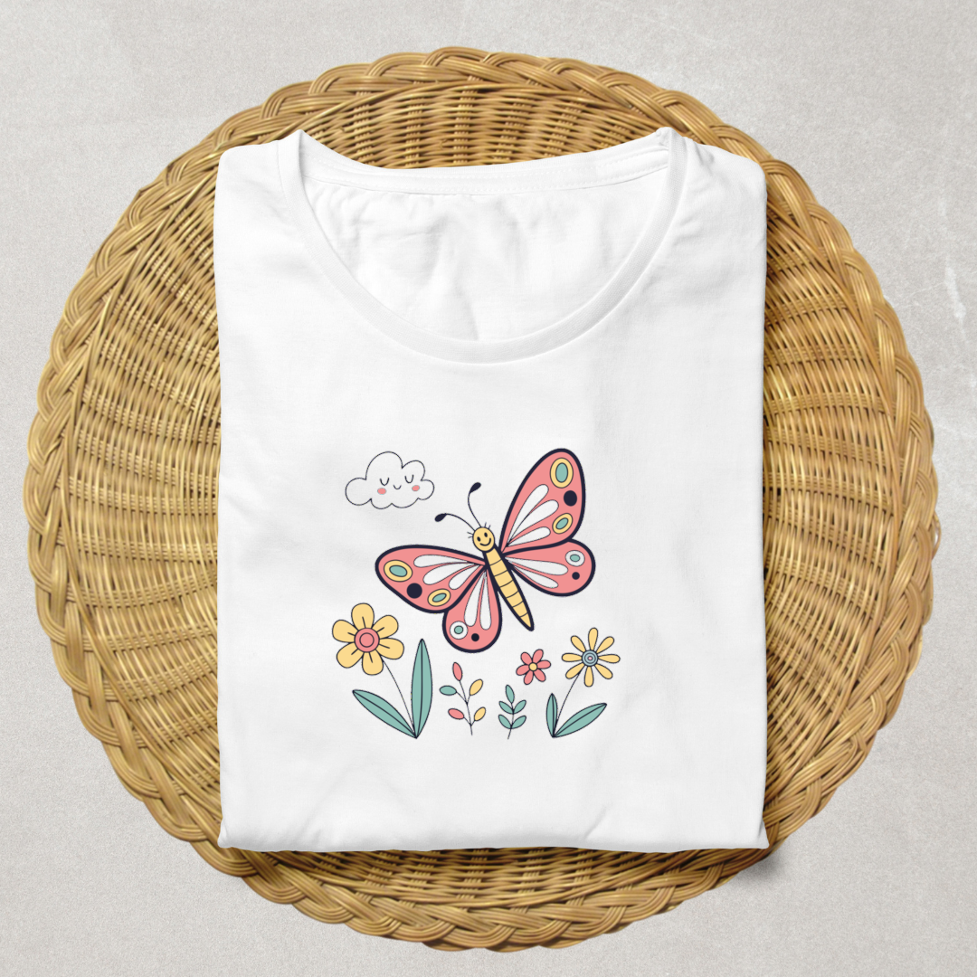 T-shirt décoré d'un papillon joyeux dans un style pastel printanier lumineux