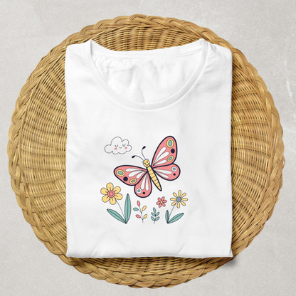 T-shirt décoré d'un papillon joyeux dans un style pastel printanier lumineux
