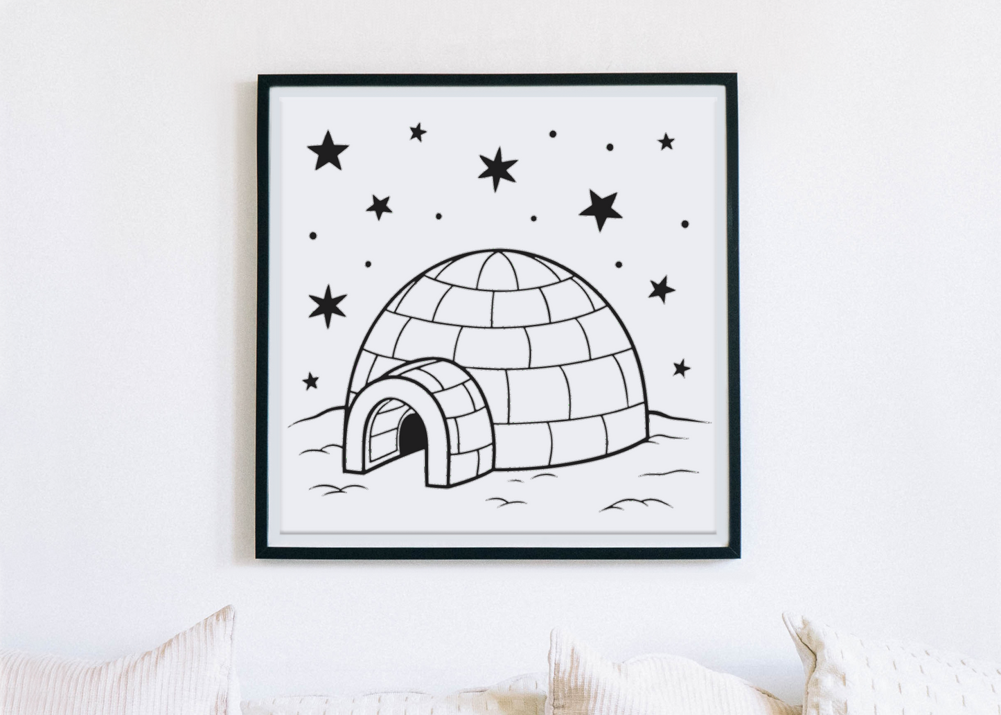 Cadre élégant avec igloo stylisé sous ciel étoilé, ambiance arctique apaisante