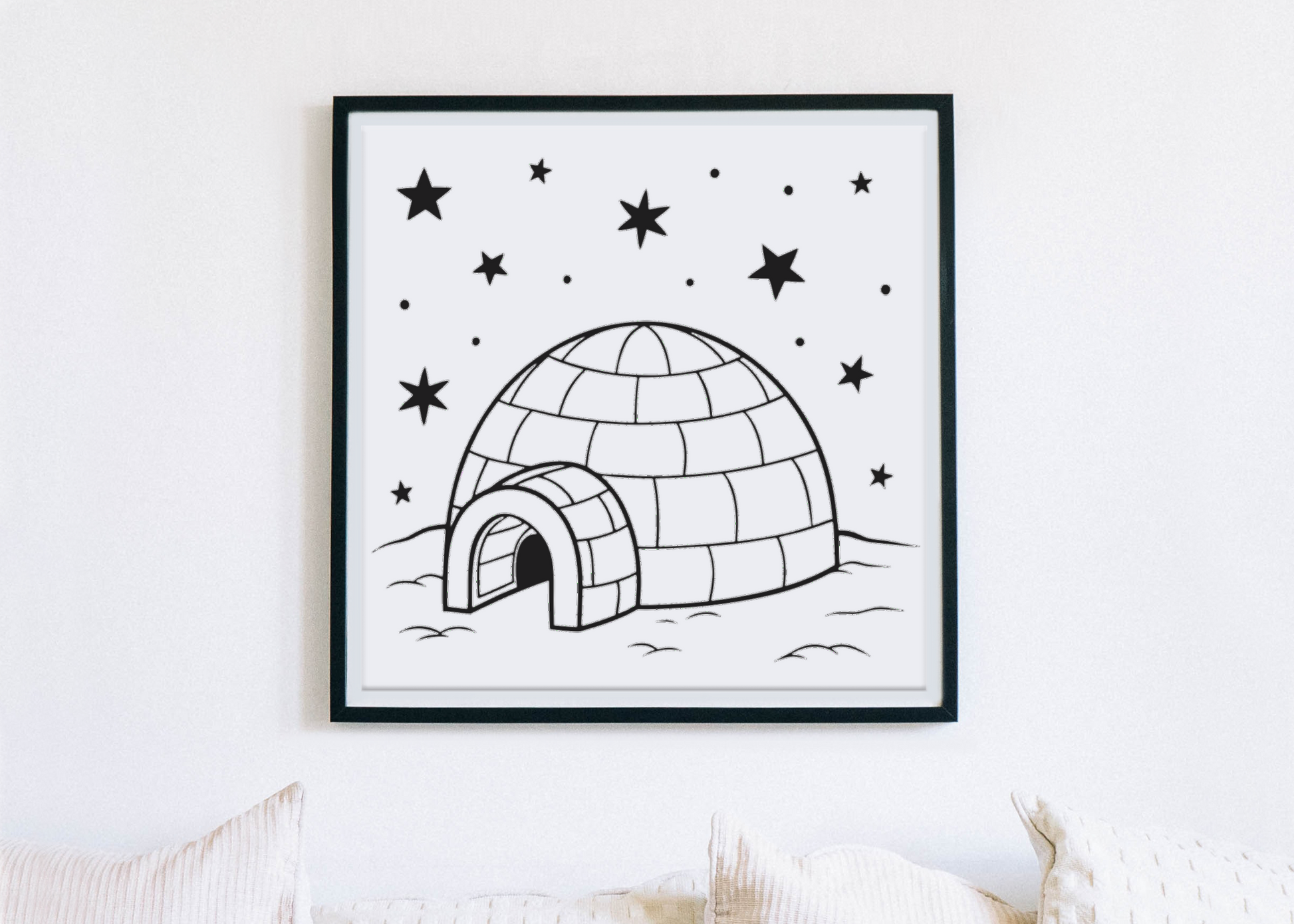 Cadre élégant avec igloo stylisé sous ciel étoilé, ambiance arctique apaisante