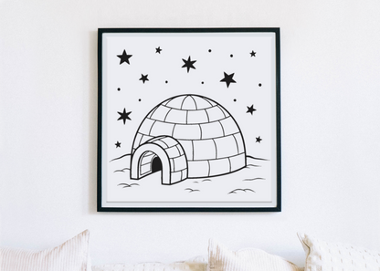 Cadre élégant avec igloo stylisé sous ciel étoilé, ambiance arctique apaisante