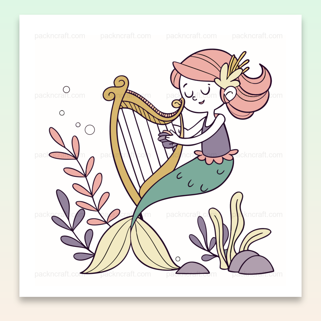 Illustration de sirène jouant de la harpe, parfaite pour DIY, déco et éducation.