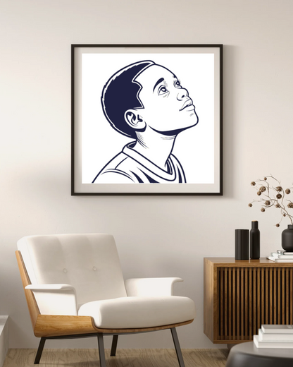Cadre décoratif affichant un garçon rêveur tourné vers le ciel thème espoir