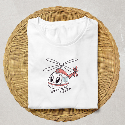 T-shirt avec un hélicoptère kawaii coloré sur fond aérien doux et ludique