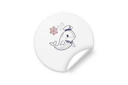 Sticker nautique avec baleine capitaine souriante en style doodle