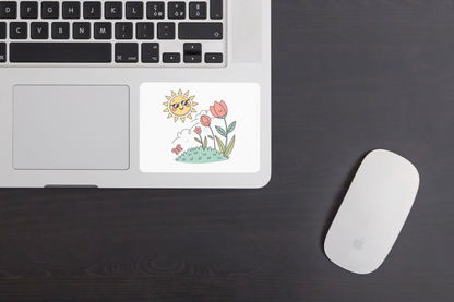Sticker avec motif kawaii de fleurs et soleil joyeux, parfait pour une ambiance printanière