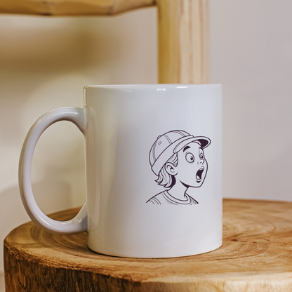 Mug avec dessin doodle d'un garçon surpris au style enfantin