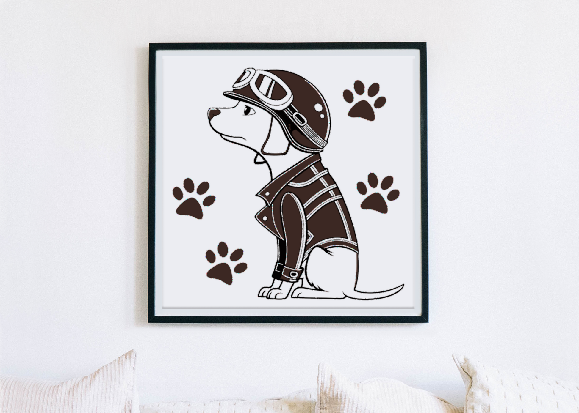 Cadre avec motif vintage de chien motard sur route, atmosphère d'aventure