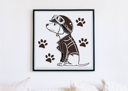 Cadre avec motif vintage de chien motard sur route, atmosphère d'aventure