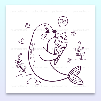 Illustration kawaii d'un phoque avec cornet de glace, parfait pour DIY.