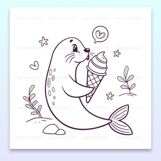 Illustration kawaii d'un phoque avec cornet de glace, parfait pour DIY.