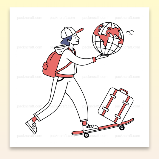 Illustration minimaliste d'un voyageur sur skateboard avec un globe, idéale pour DIY et papeterie.