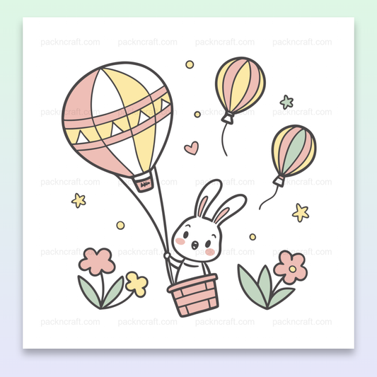 Illustration kawaii de lapin en montgolfière, parfaite pour DIY et projets éducatifs.