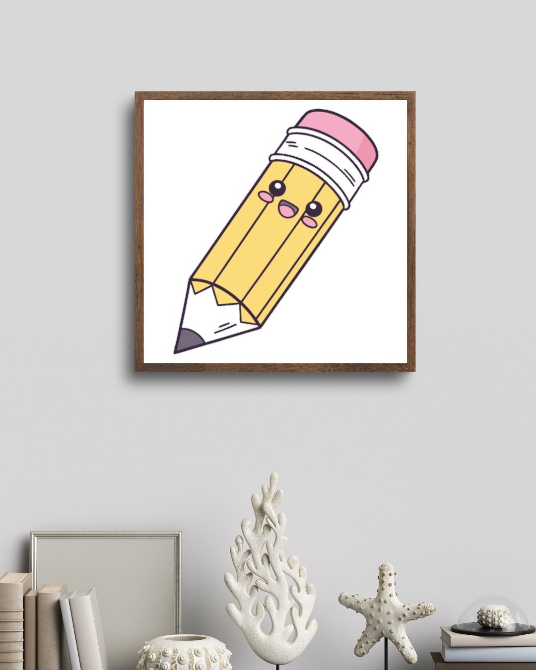 Cadre décoratif avec crayon joyeux souriant, parfait pour une école créative