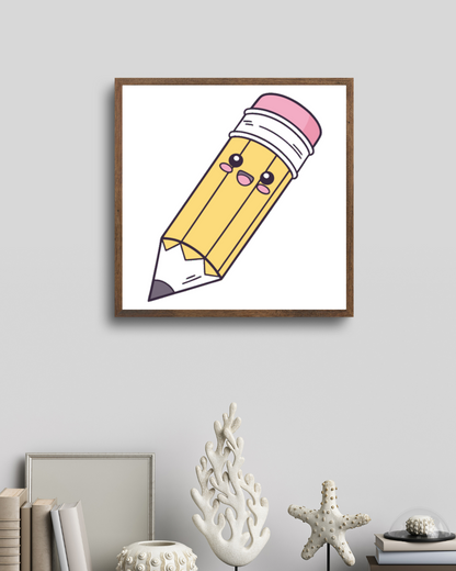 Cadre décoratif avec crayon joyeux souriant, parfait pour une école créative