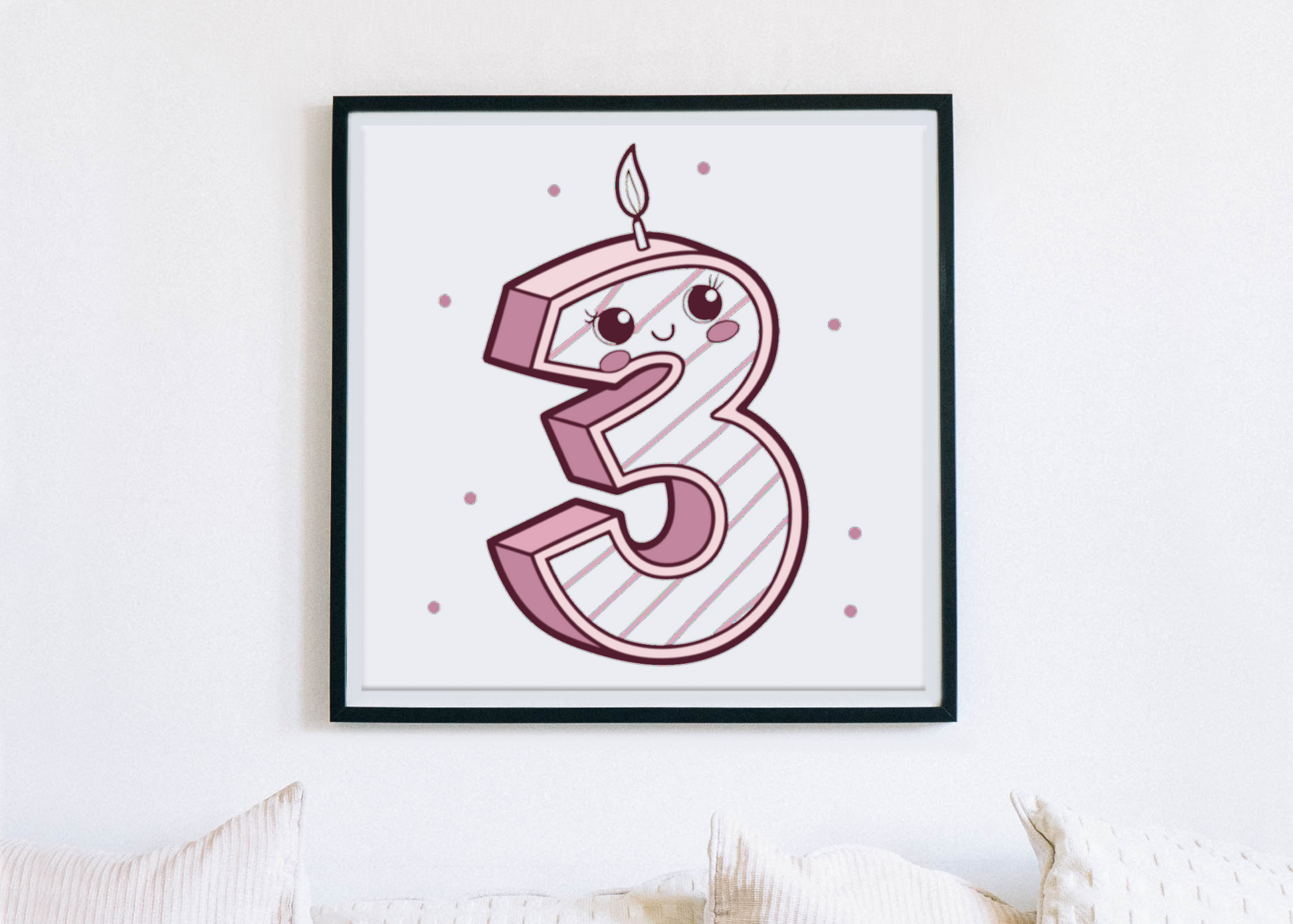 Affiche encadrée bougie kawaii, touche mignonne pour décoration intérieure.