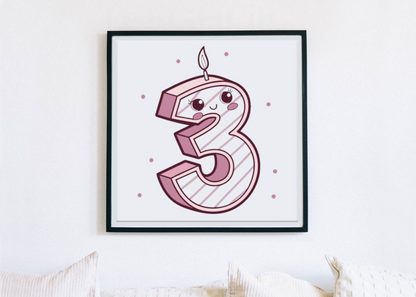 Affiche encadrée bougie kawaii, touche mignonne pour décoration intérieure.