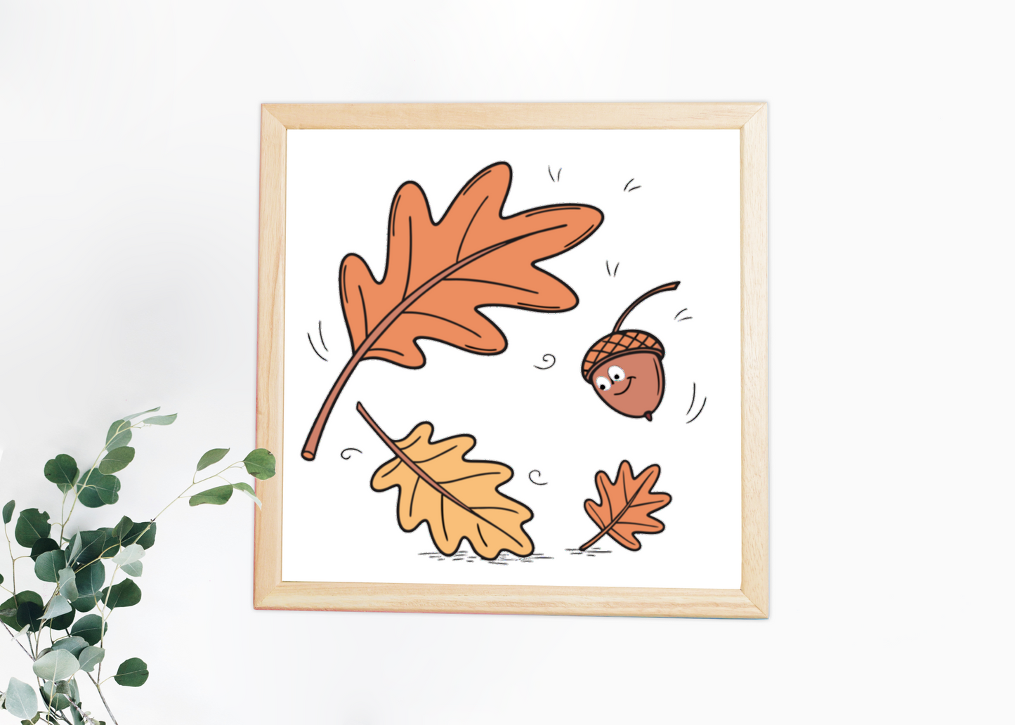 Cadre avec dessin de gland joyeux tourbillonnant sur fond automnal vibrant