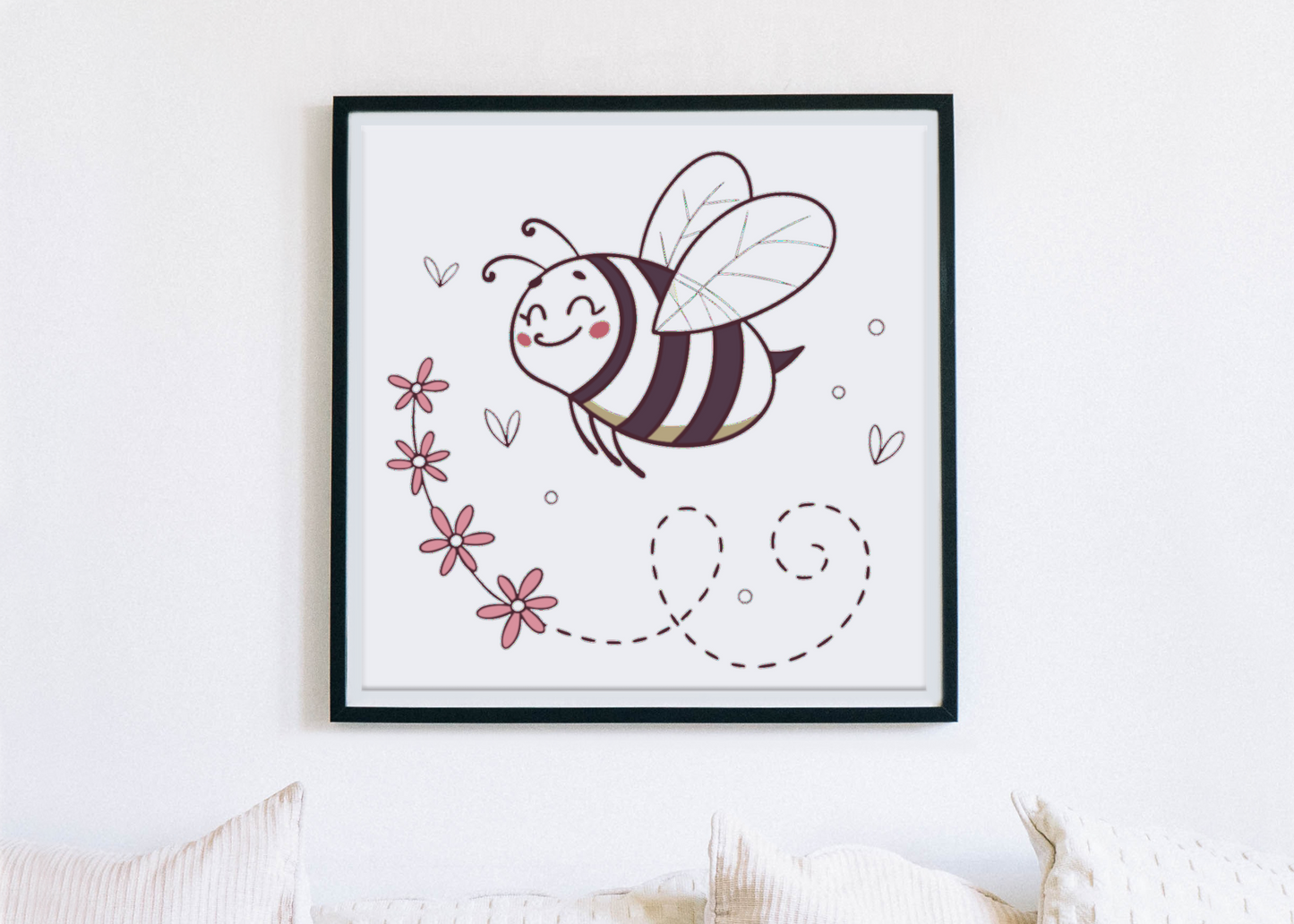 Cadre décoratif avec une abeille doodle joyeuse sur fond floral printanier