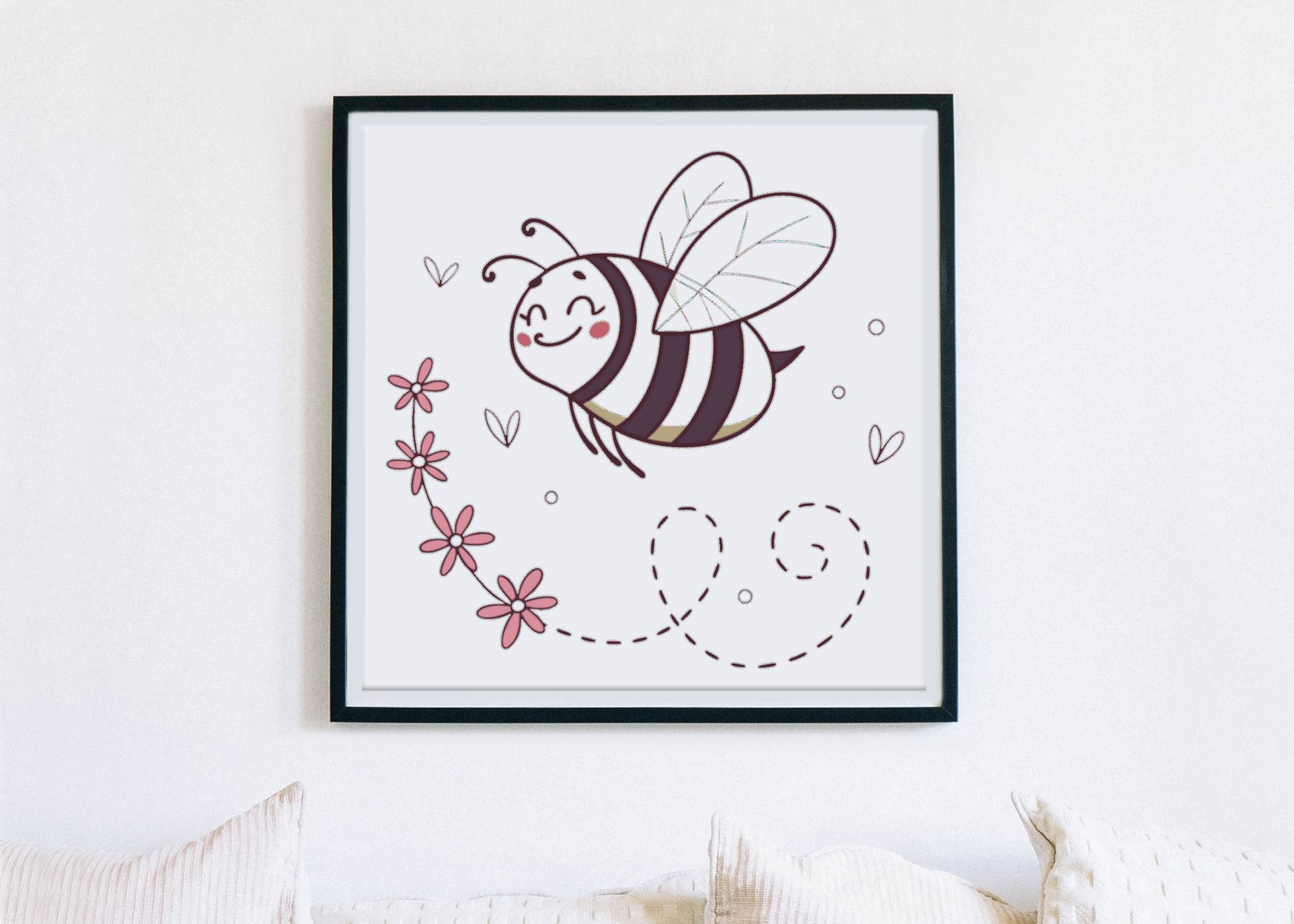 Cadre décoratif avec une abeille doodle joyeuse sur fond floral printanier