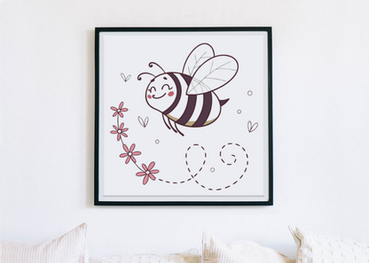 Cadre décoratif avec une abeille doodle joyeuse sur fond floral printanier