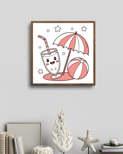 Cadre vivant aux tons éclatants mettant en scène un smoothie kawaii sous parasol