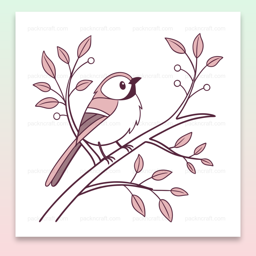 Illustration d'un oiseau rêveur sur une branche, style pastel minimaliste pour projets créatifs.