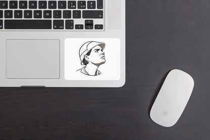Sticker avec design moderne, explorateur pensif et découverte urbaine en minimaliste