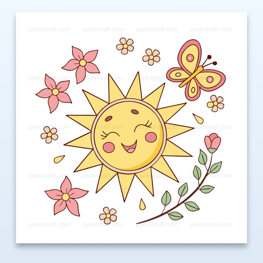 Illustration de soleil joyeux avec papillon et fleurs pour projets printaniers.