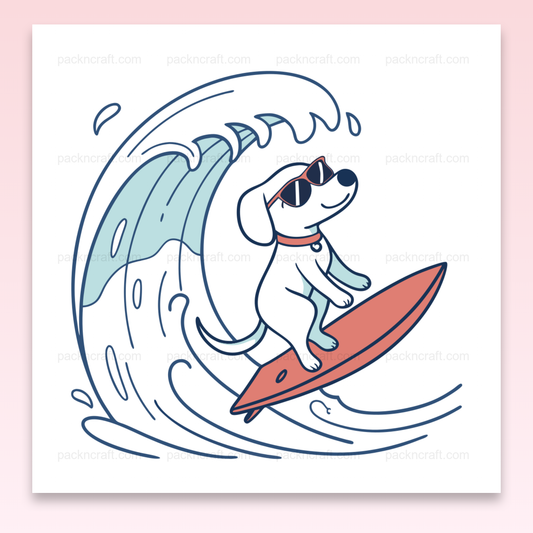 Illustration de chien surfeur avec lunettes, idéale pour déco estivale et DIY.