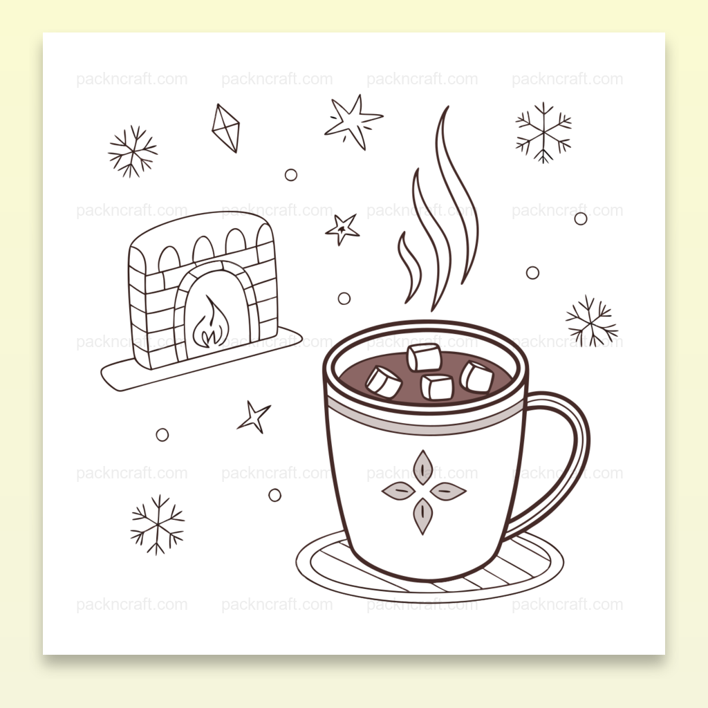 Illustration de chocolat chaud fumant avec cheminée, parfaite pour décors et papeterie hivernale