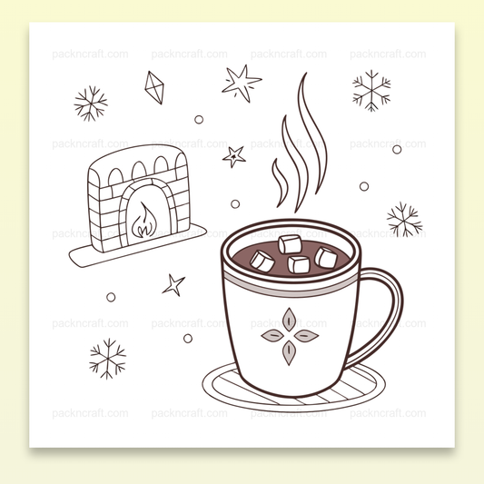 Illustration de chocolat chaud fumant avec cheminée, parfaite pour décors et papeterie hivernale