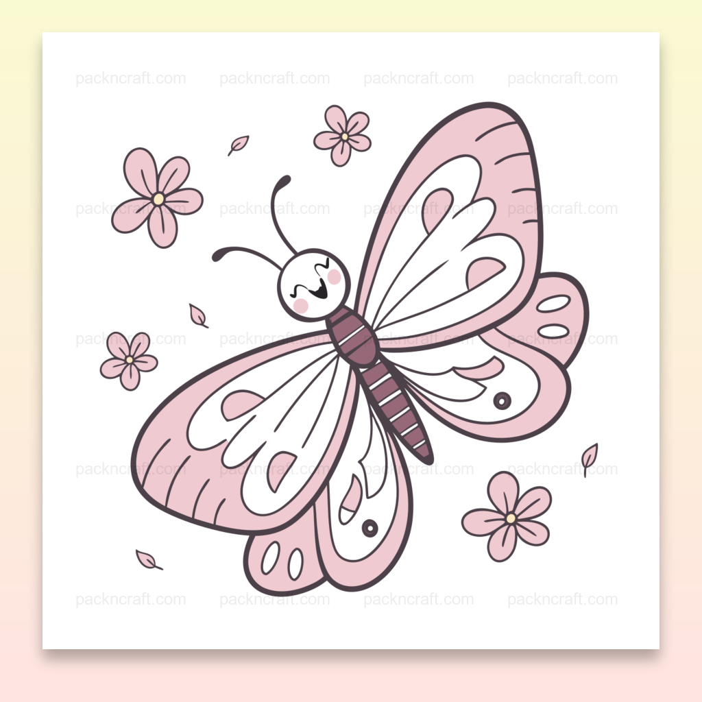 Illustration minimaliste de papillon joyeux entouré de fleurs, idéale pour décoration printanière et DIY.