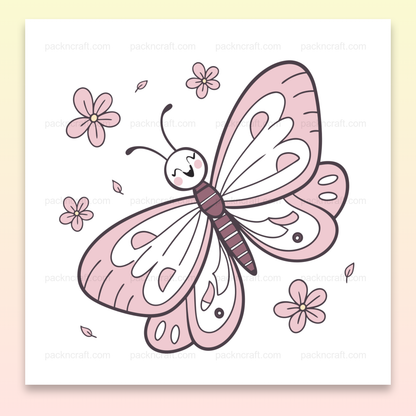 Illustration minimaliste de papillon joyeux entouré de fleurs, idéale pour décoration printanière et DIY.
