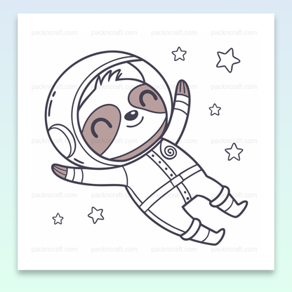 Illustration d'un paresseux en costume d'astronaute flottant dans l'espace, idéal pour déco cosmique et DIY.