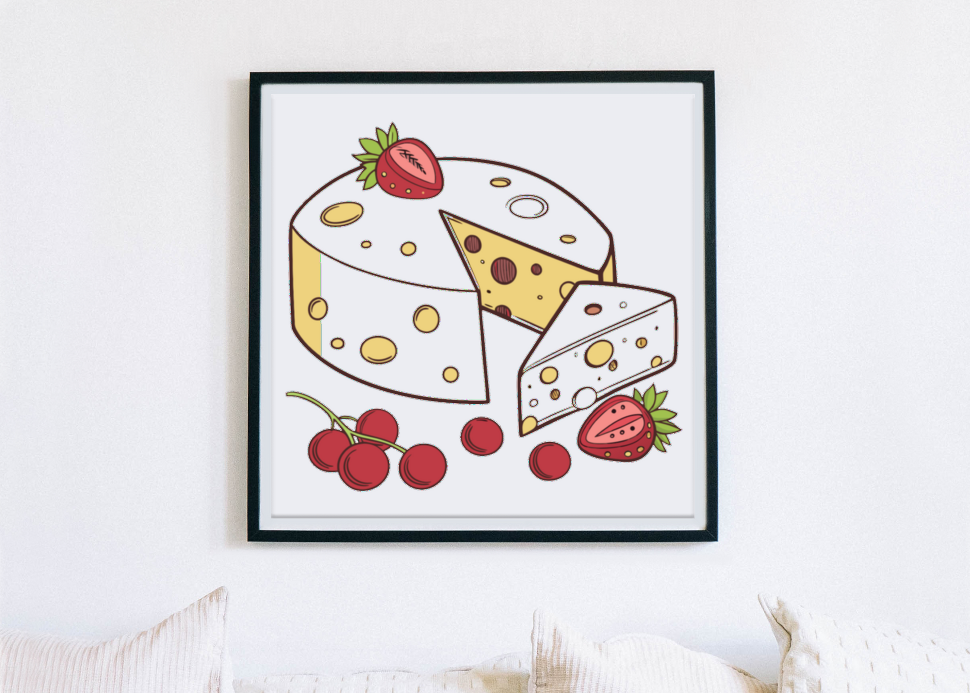 Cadre avec illustration cartoon de fromage et fruits énergique et colorée
