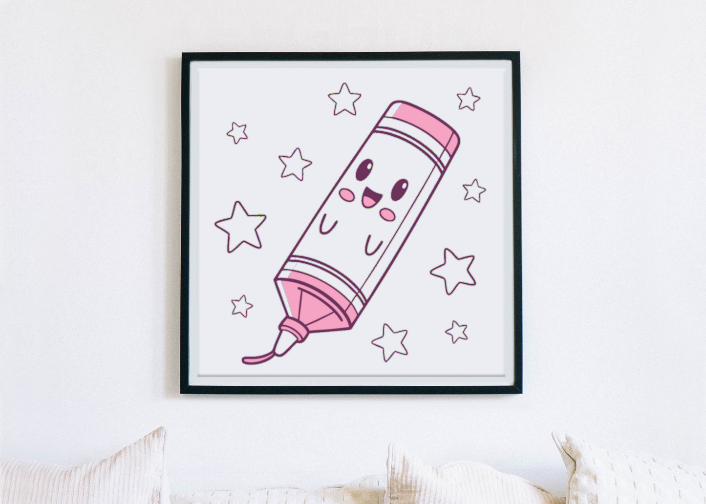Cadre décoratif avec un crayon joyeux flottant et des étoiles dans un style kawaii éducatif