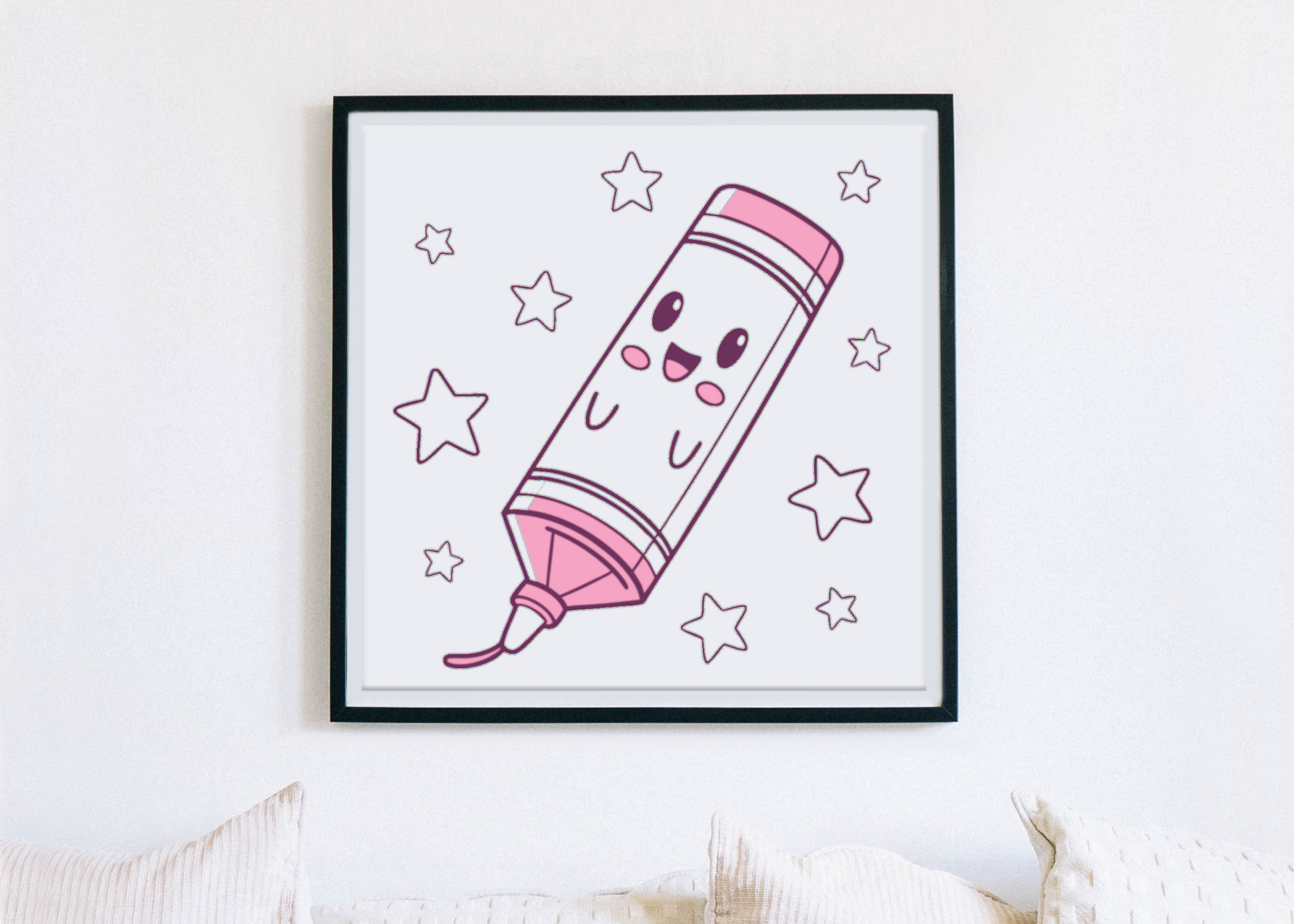 Cadre décoratif avec un crayon joyeux flottant et des étoiles dans un style kawaii éducatif
