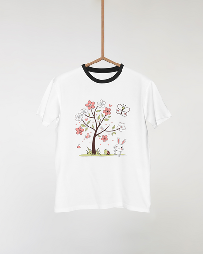 T-shirt avec motif digital d'un lapin joueur et éléments floraux doux
