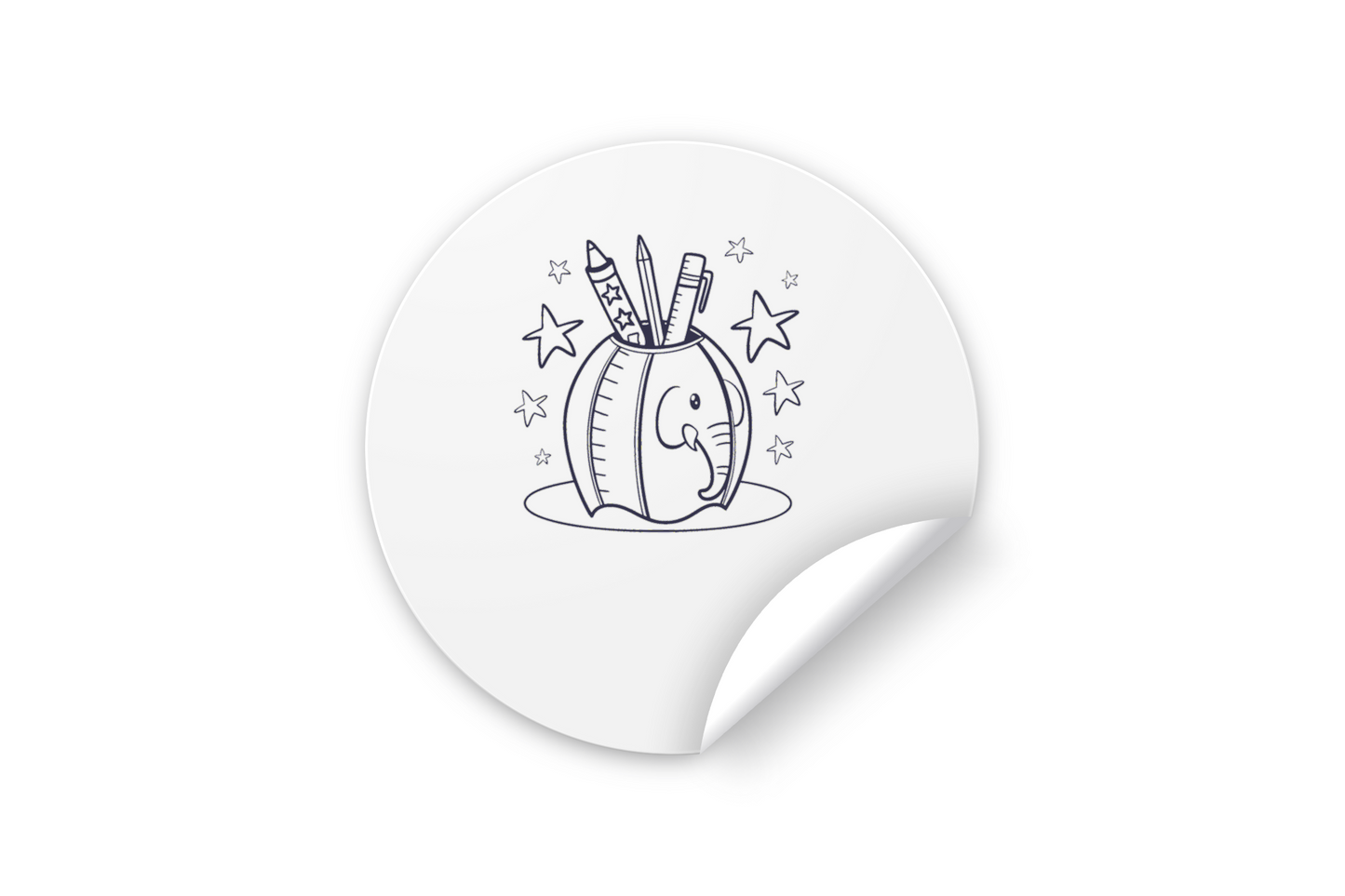 Sticker avec motif d'éléphant dessiné au crayon dans un contexte éducatif playful