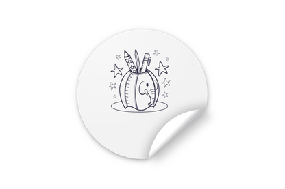 Sticker avec motif d'éléphant dessiné au crayon dans un contexte éducatif playful