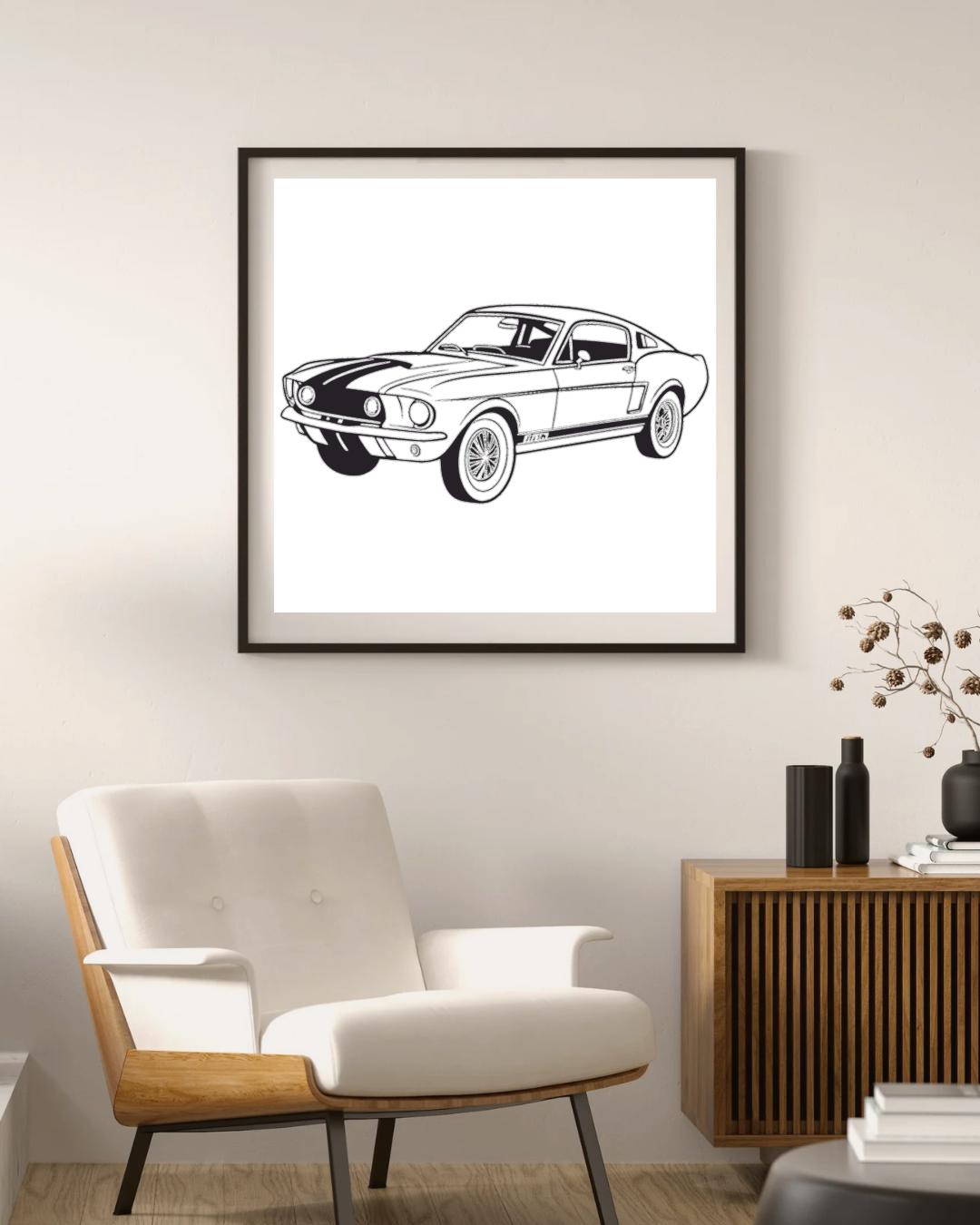 Illustration de la Ford Mustang 1967 encadrée pour décoration intérieure, Ford Mustang 1967 sur mug, idéal pour passionnés d'automobile, Ford Mustang 1967 sur tee-shirt, parfait pour les fans de voitures classiques, Sticker Ford Mustang 1967, ajout rétro pour matériel, Design Ford Mustang 1967, idéal pour impressions et DIY créatif