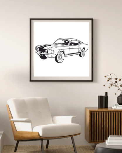 Illustration de la Ford Mustang 1967 encadrée pour décoration intérieure, Ford Mustang 1967 sur mug, idéal pour passionnés d'automobile, Ford Mustang 1967 sur tee-shirt, parfait pour les fans de voitures classiques, Sticker Ford Mustang 1967, ajout rétro pour matériel, Design Ford Mustang 1967, idéal pour impressions et DIY créatif