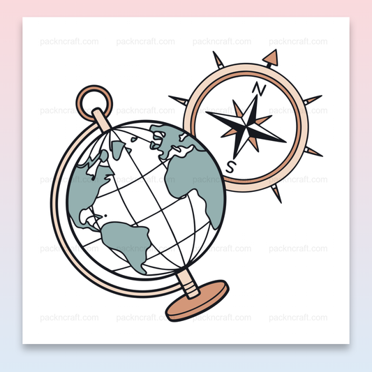 Illustration d'un globe et boussole pour usage éducatif et déco.