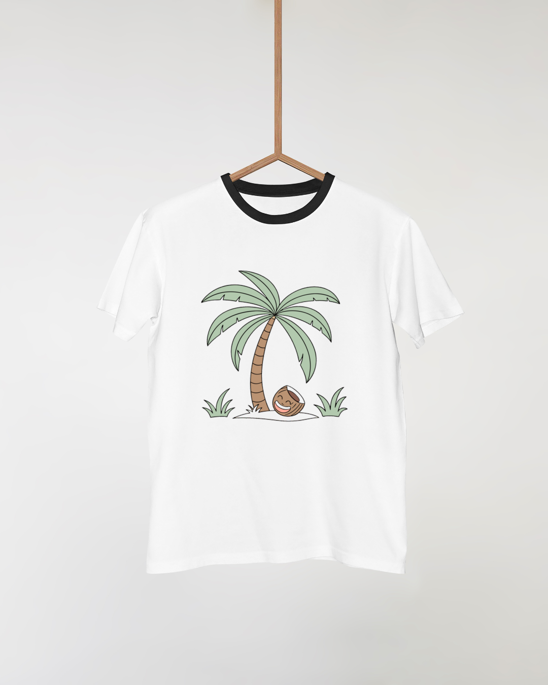 T-shirt tropical kawaii avec cocotier souriant pour ambiance joyeuse et estivale