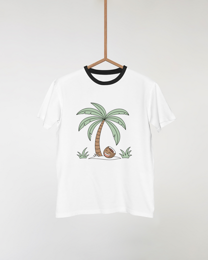 T-shirt tropical kawaii avec cocotier souriant pour ambiance joyeuse et estivale
