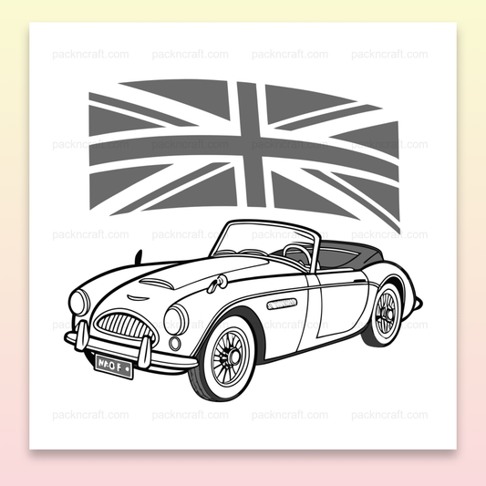 Téléchargez une voiture britannique vintage en style SVG classique., Cadre élégant avec voiture vintage britannique en illustration SVG., Mug décoratif avec illustration SVG de voiture rétro., Autocollant personnalisé de voiture vintage en style SVG., T-shirt unique avec design rétro de voiture britannique.